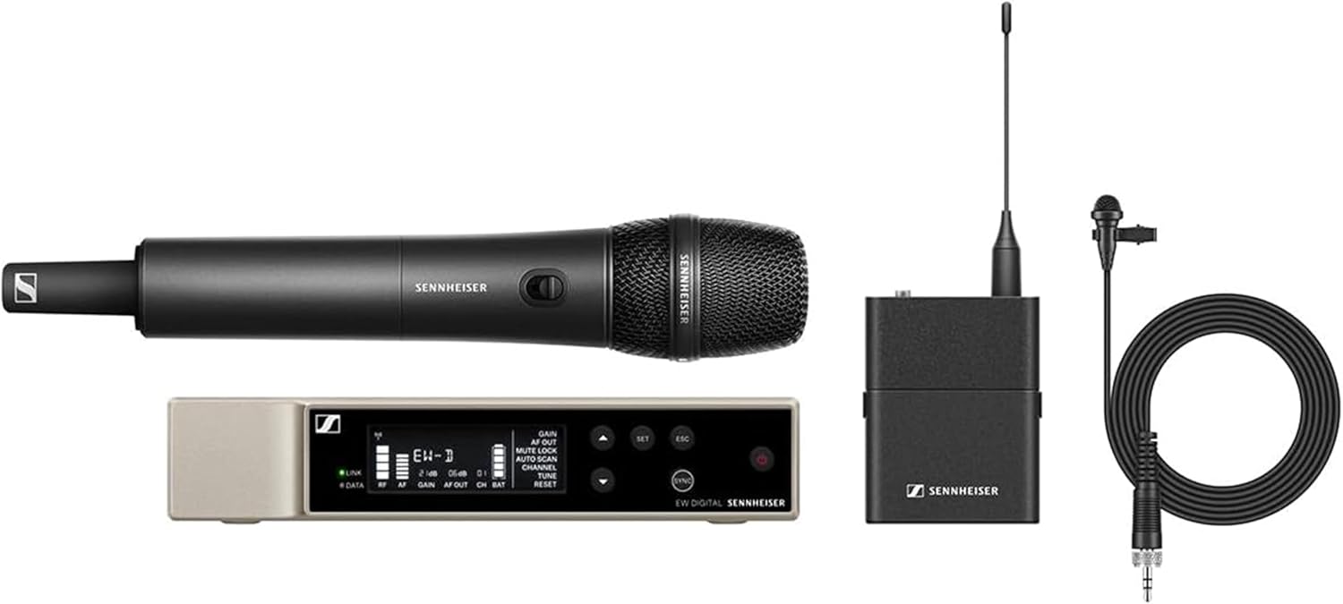 Sennheiser Combo Wireless Handheld & Lavalier Microphone System Bundle with 10ft Pig Hog Mic Cable, 4 AA Batteries & Polishing Cloth – EW-D ME2/835-S (R4-R9), Clear Digital Audio, UHF Transmission