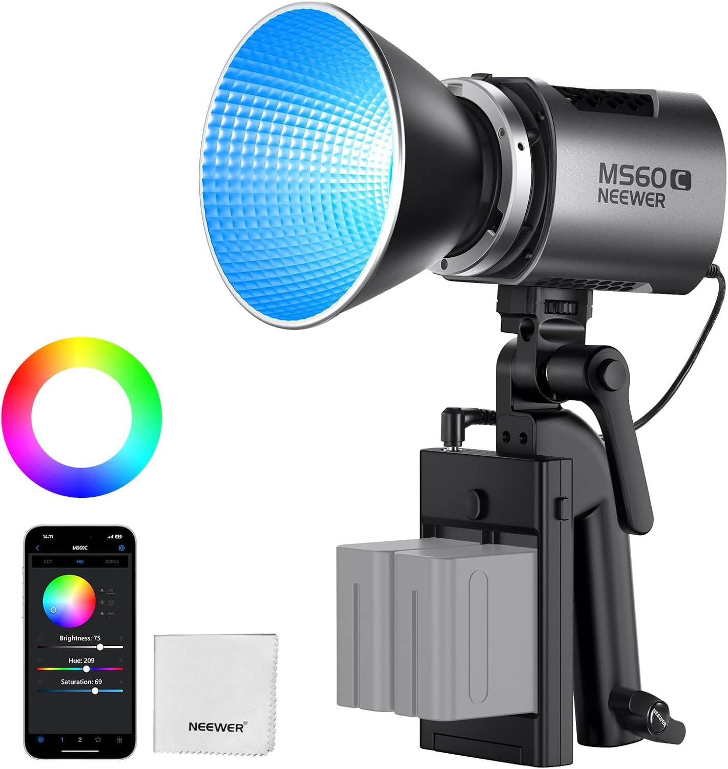 NEEWER MS60C RGBWW LED Video Light 2.4G/APP Control, 65W Mini RGB COB Continuous Output Lighting, 2700K-6500K 8300lux/1m CRI97+ 17 Effects, Bowens Handheld Spotlight for Studio Photography Recording