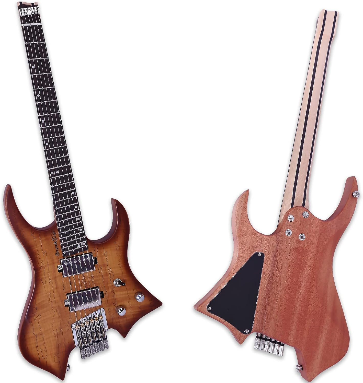 Boya&Ziqi Headless Electric Guitar LIZARD-6,FANNED FRETS, Independently Adjustable Bridge,Split coil control,5-Piece Maple/Streaked Ebony Neck (Natural Burst Spalted Maple, Right)