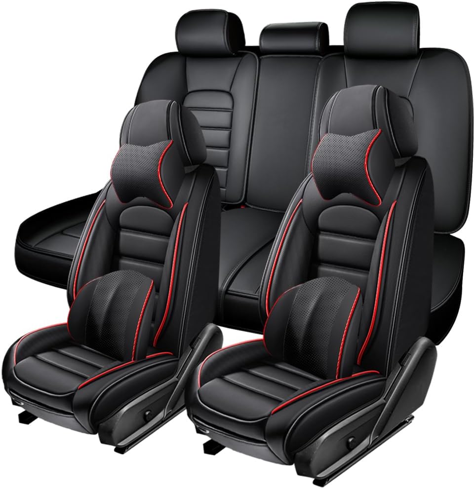 5 Seat Covers for Chevy Bolt EV 2017-2024,Premium Nappa Leather Car Seat Covers Car Seat Cushions,Waterproof Soft Seat Covers for Cars,Interior Accessories Airbag Compatible（Luxury-Black&Red）
