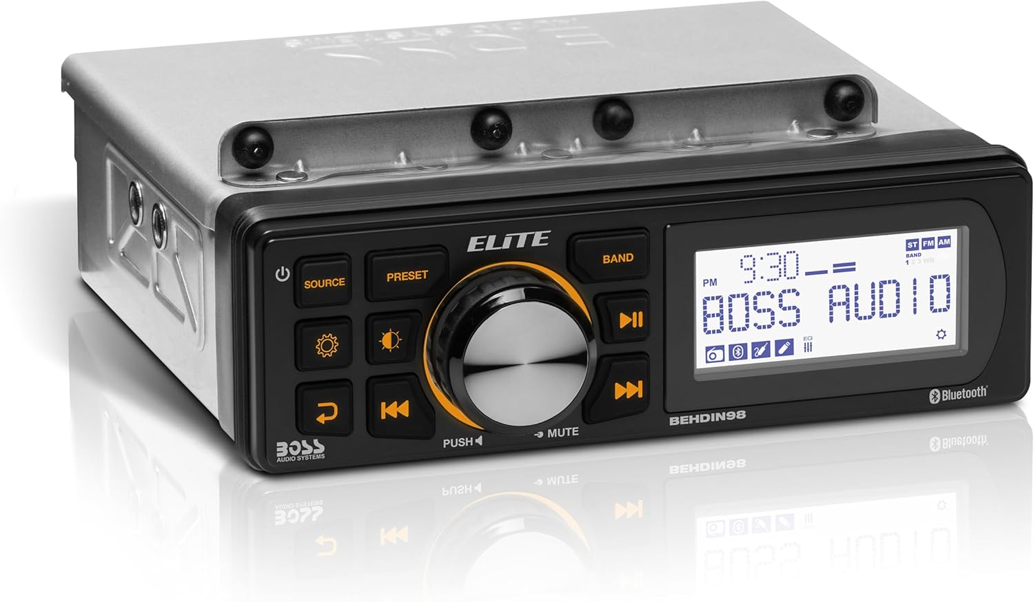 BOSS Audio Systems BEHDIN98 Harley Davidson Amplified Bluetooth Receiver – Directly Fits 1998-2013 Electra Glide & Road Glide, 3” Monochrome LCD, IPX6 Weatherproof Panel & IPX4 Chassis