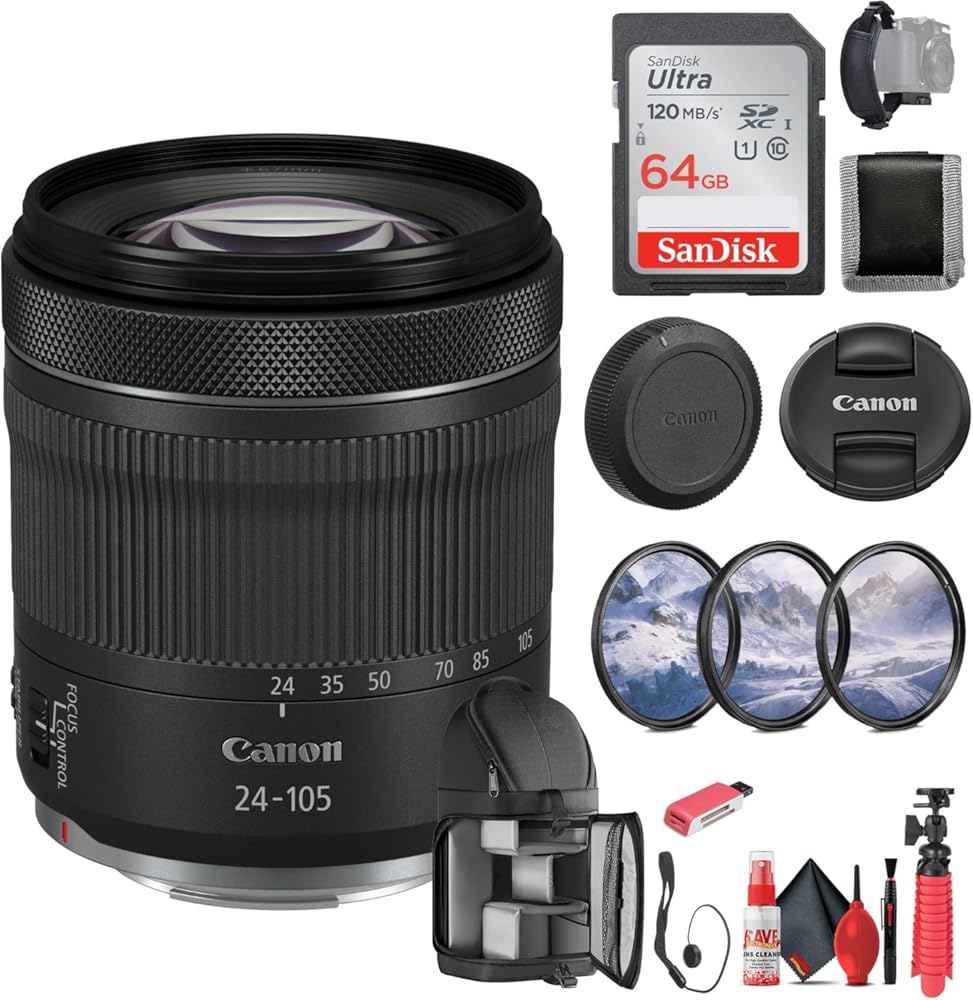 Canon RF 24-105mm f/4-7.1 is STM Lens (4111C002) + 64GB Memory Card + Filter Kit + Backpack + Card Reader + Flex Tripod + Memory Wallet + Cap Keeper + Cleaning Kit + Hand Strap (Renewed)