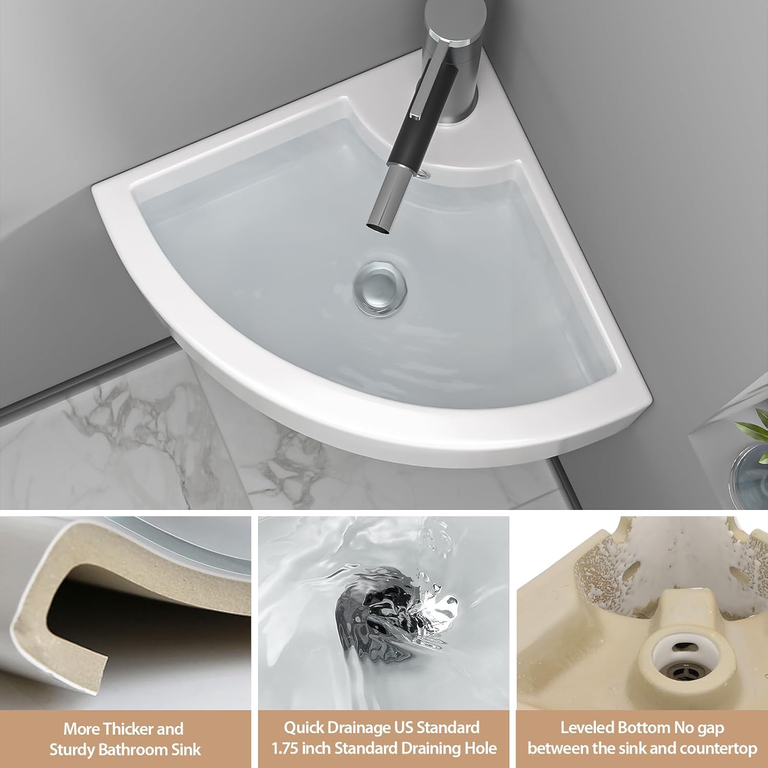 Lordear Wall Mount Corner Bathroom Sink 18 Inch White Ceramic Washing Basin Sector Wall Mount Sink for Small Bathrooms.