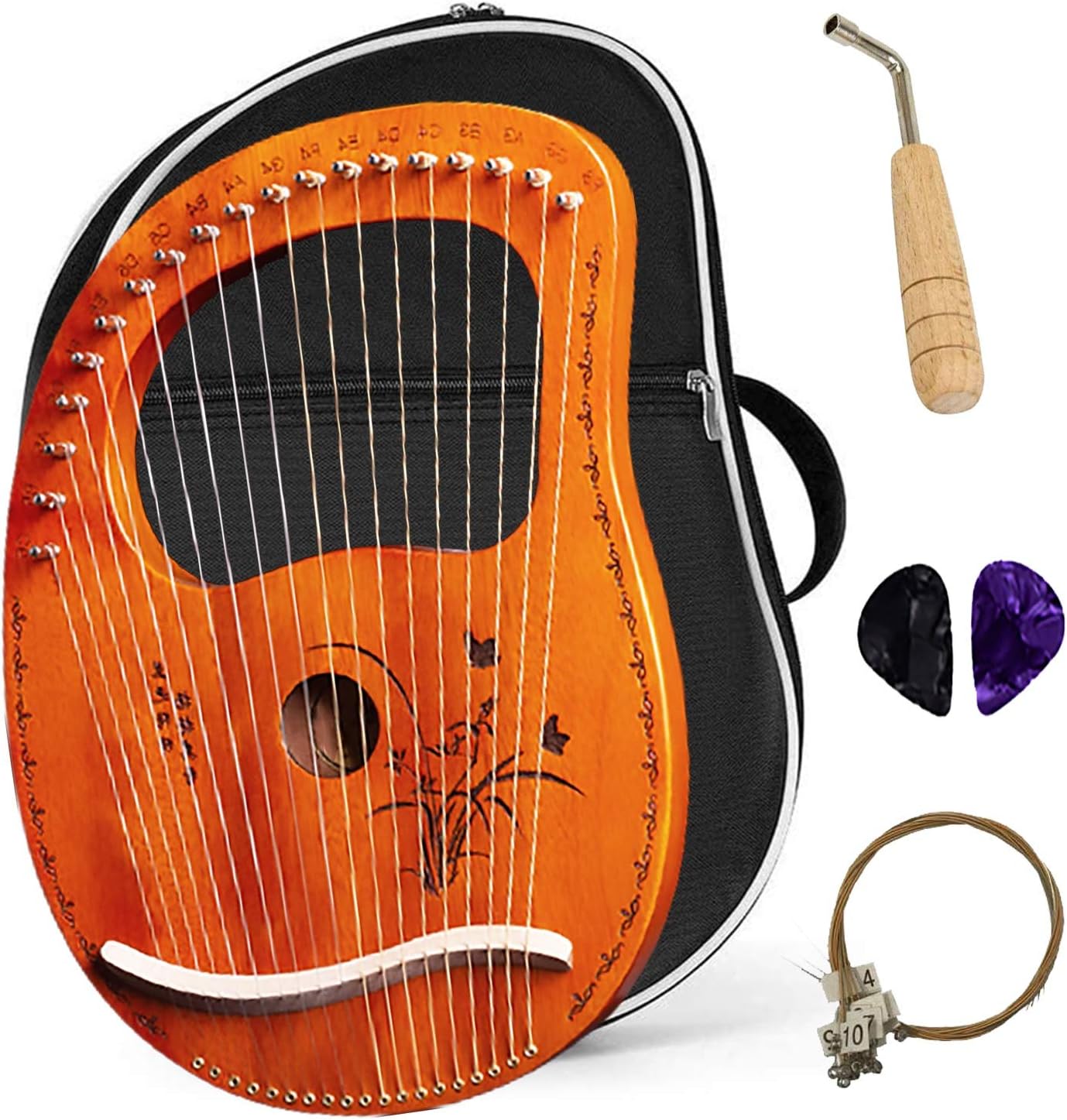 Lyre Harp 19 String Solid Wood String Instrument Heptachord Mahogany with Tuning Wrench, Picks and Bag, Best gift for Beginners Music Lovers (Color : C)