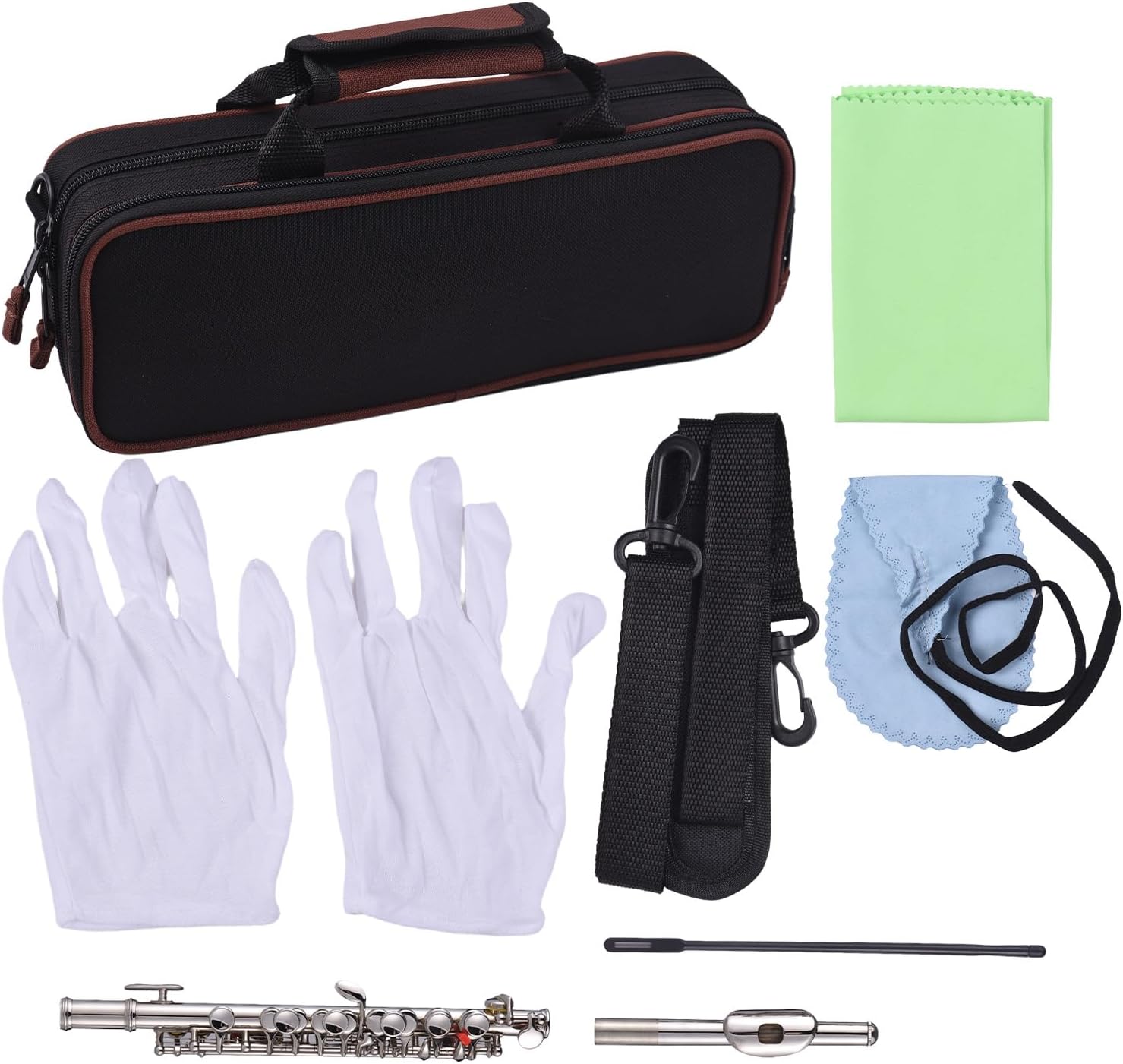 Piccolo Instrument White Copper Nickel Plated C Key Piccolo Flute for Beginners Students with Hard Case Cleaning Rod Cloth and Gloves