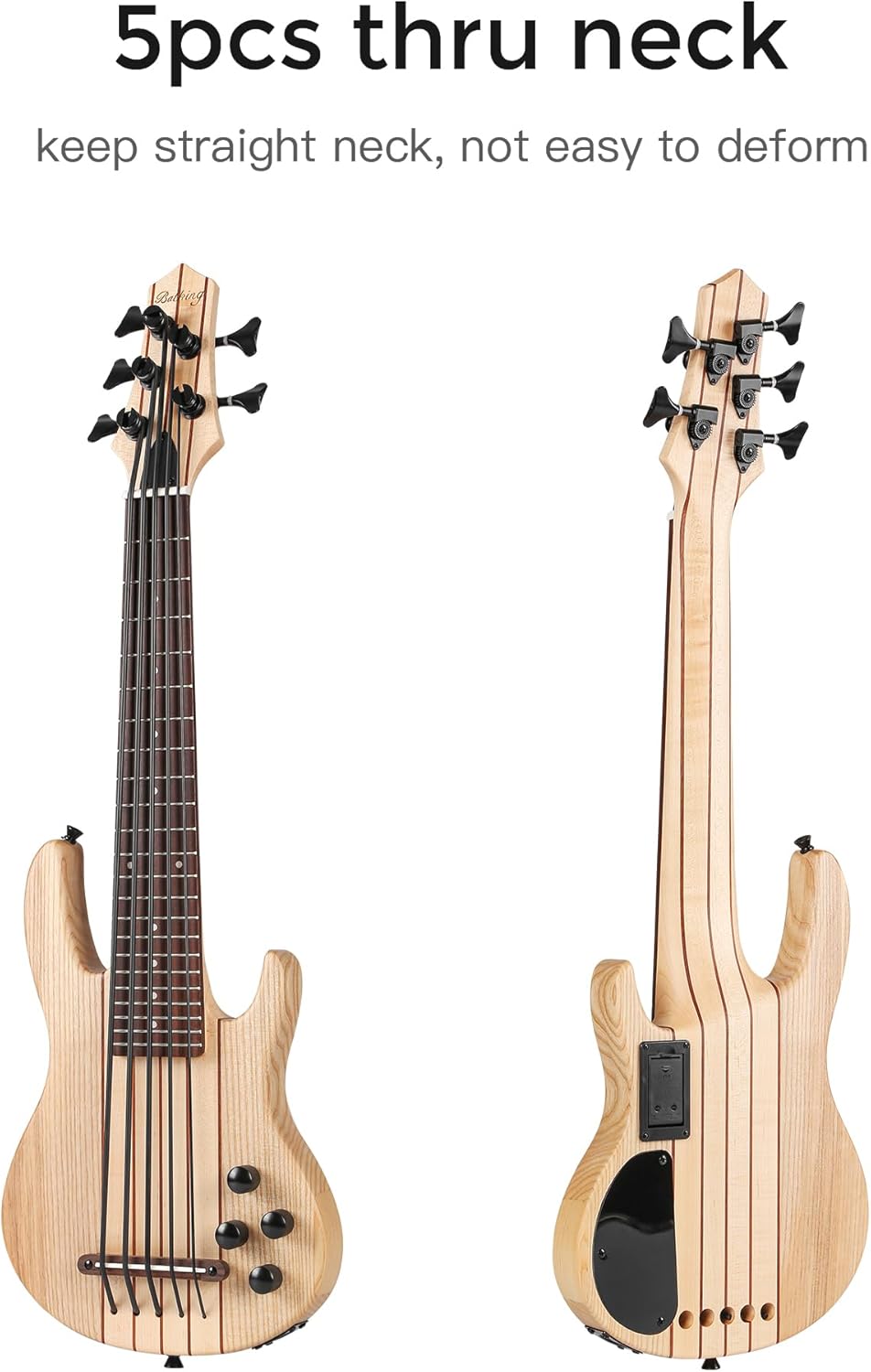 Batking Electric Ukulele Bass, 5 String UBass Fretted, Through Neck Electric Uku bass with Gig bag (Natural Color)