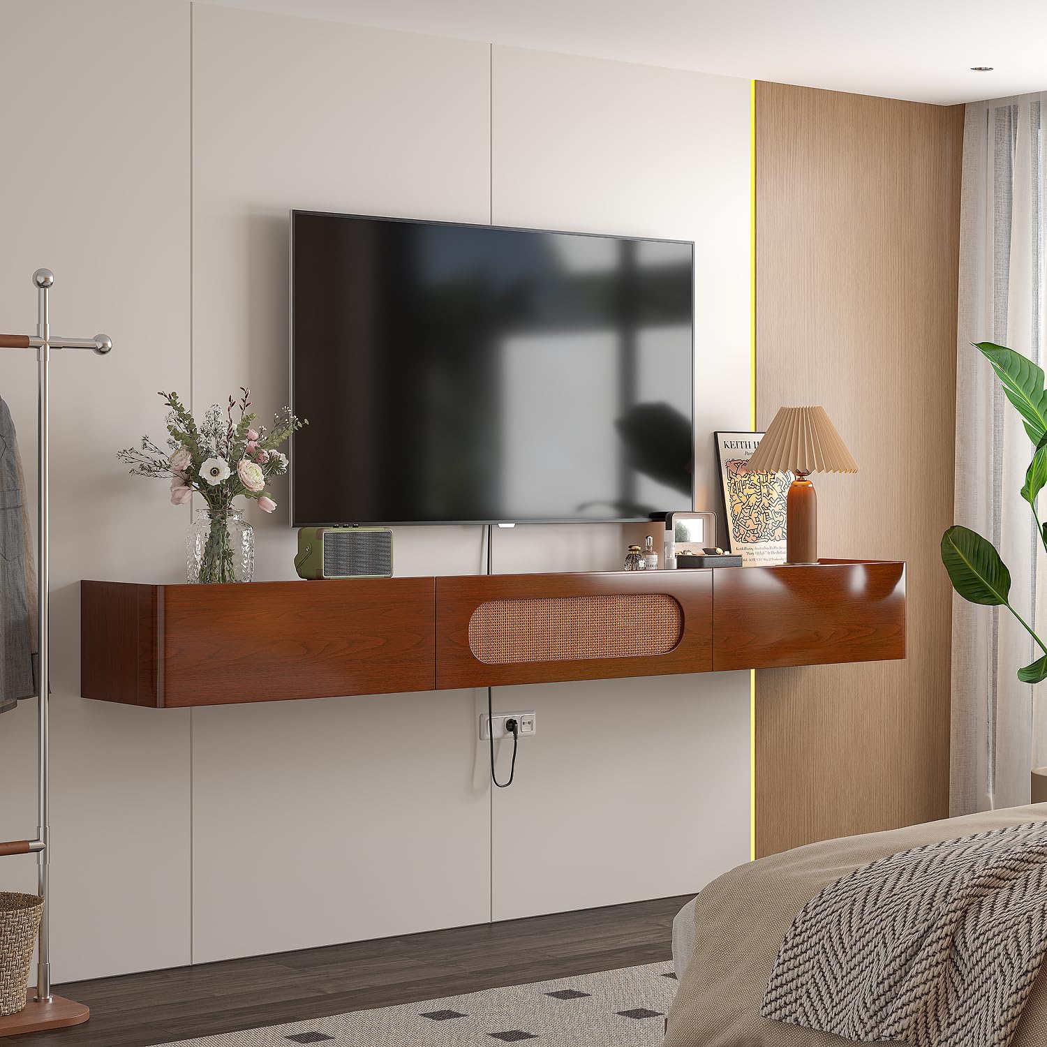 FurniNova Fully Assembled Floating TV Stand Wall Mounted 94'',High Gloss Floating Media Console with 2 Drawers & Rattan Door, Under TV Shelf for Living Room Bedroom Entertainment Center,Walnut