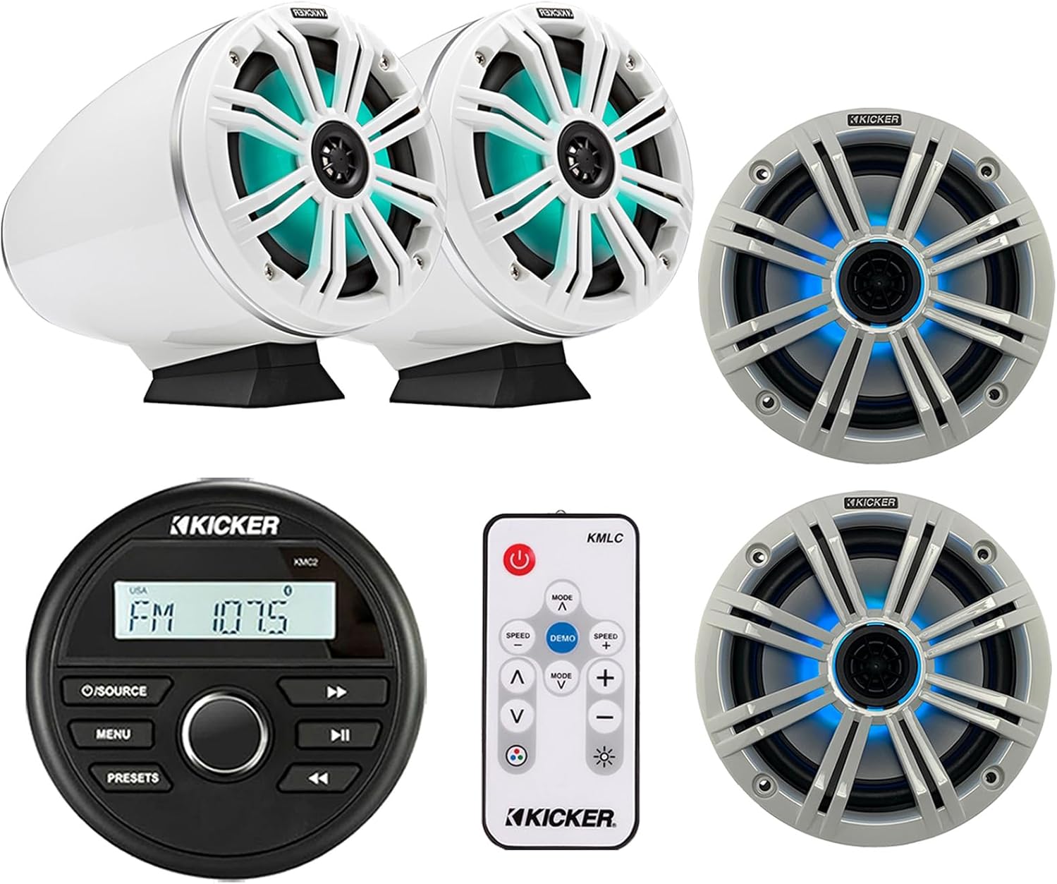 KICKER All-Weather Gauge Style Bluetooth Media Center Receiver, 2X 6.5 195W Max White Marine Multicolor LED Loaded Tower Speakers, 2X 6.5 OEM Replacement White LED Boat Speakers, LED Remote
