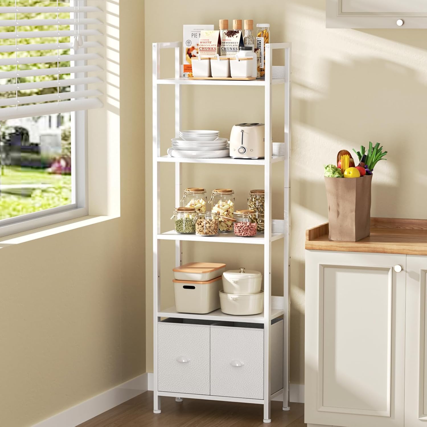 Furologee 5 Tier Bookshelf with Drawers, White Tall Bookcase with Shelves, Wood and Metal Bookshelves Storage Organizer, Modern Display Free Standing Shelf Unit for Bedroom, Living Room, Office