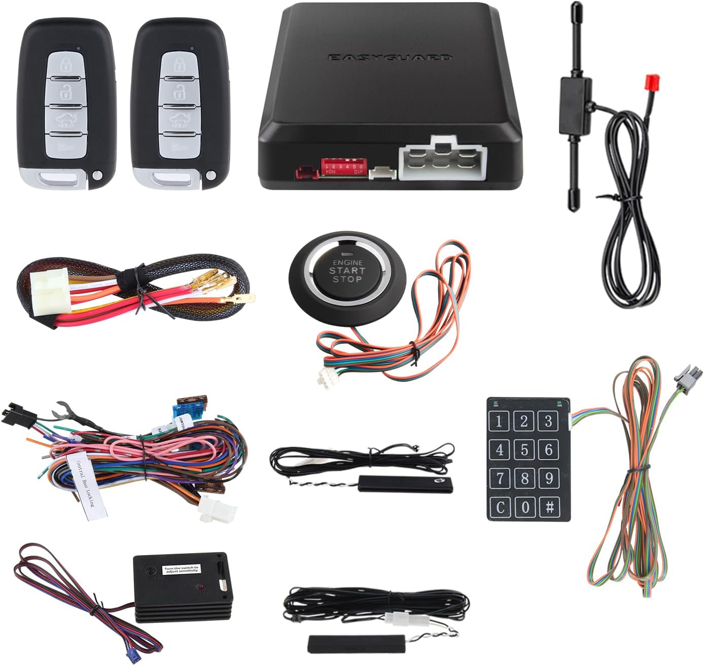 EASYGUARD EC002-K-NS Intelligent car Alarm kit with Passive keyless Entry Automatically Lock Unlock car Door Remote Start Push Start and Touch Password Entry Shock Sensor