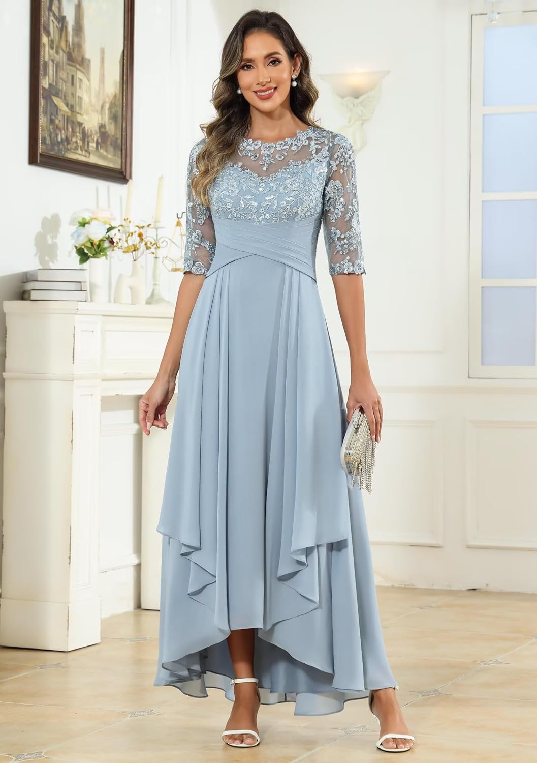1/2 Sleeve Mother of The Bride Dresses for Women Lace Chiffon Sequin Ruched A Line Long Formal Evening Gown