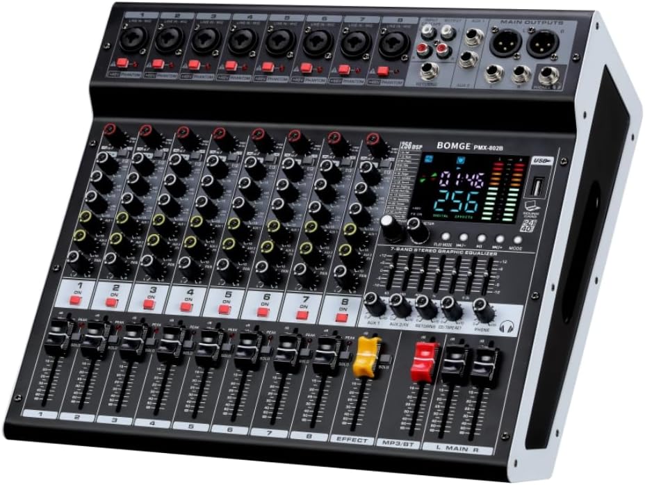BOMGE Powered Mixer 8 Channel -2x400W Amplifier r w/USB Drive for PC Recording - XLR Mic Input - 48V Power - 7-Band EQ - RCA I/O -256 DSP Processor for Professional & Beginners