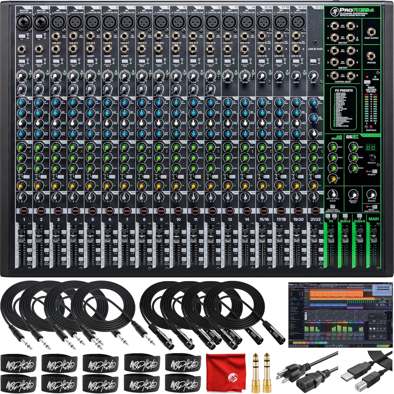 Mackie ProFX22v3 22-Channel Unpowered Mixer USB Bundle with Waveform OEM DAW, 4x Mophead 10-Foot TRS Cable, 4x 10-Foot XLR Cable, 2x 1/4