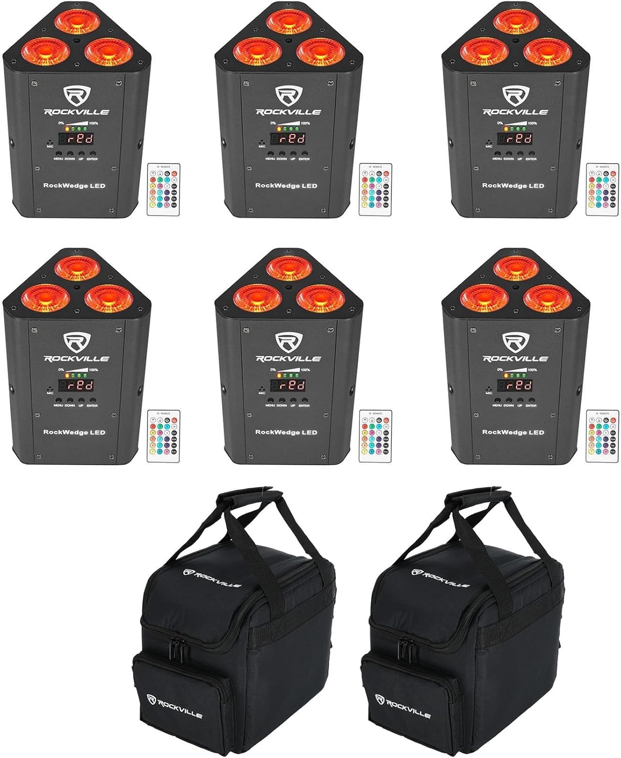 6 Rockville RockWedge LED RGBWA+UV Rechargeable Battery Wireless DMX Lights+Bag