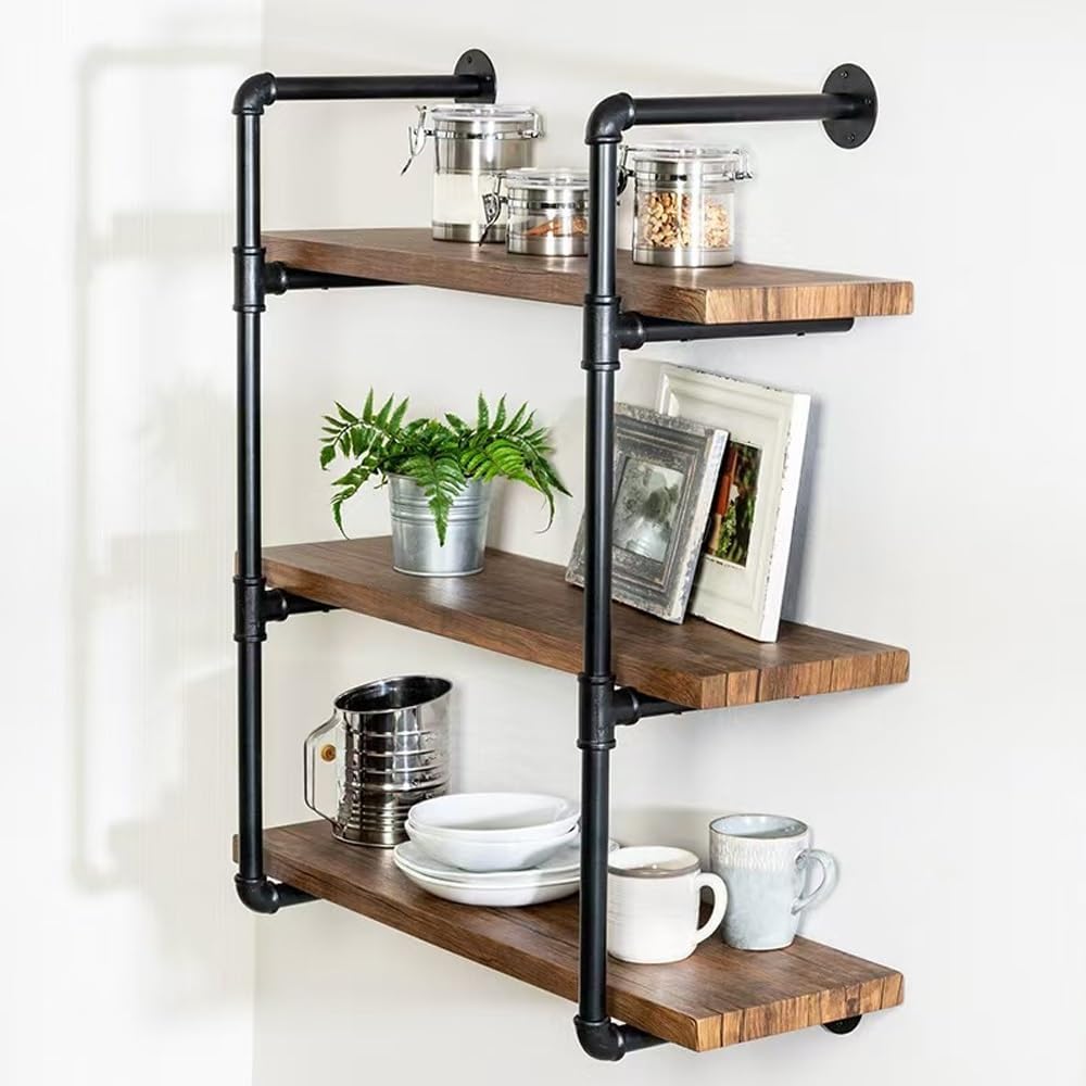Solid Wood Floating Bookshelf, 3-Tier Hanging Spice Rack with Metal Frame, Industrial Pipe Shelving for Kitchen, Living Room, Modern Mug Rack Wall Mounted(80cm-31.5in)