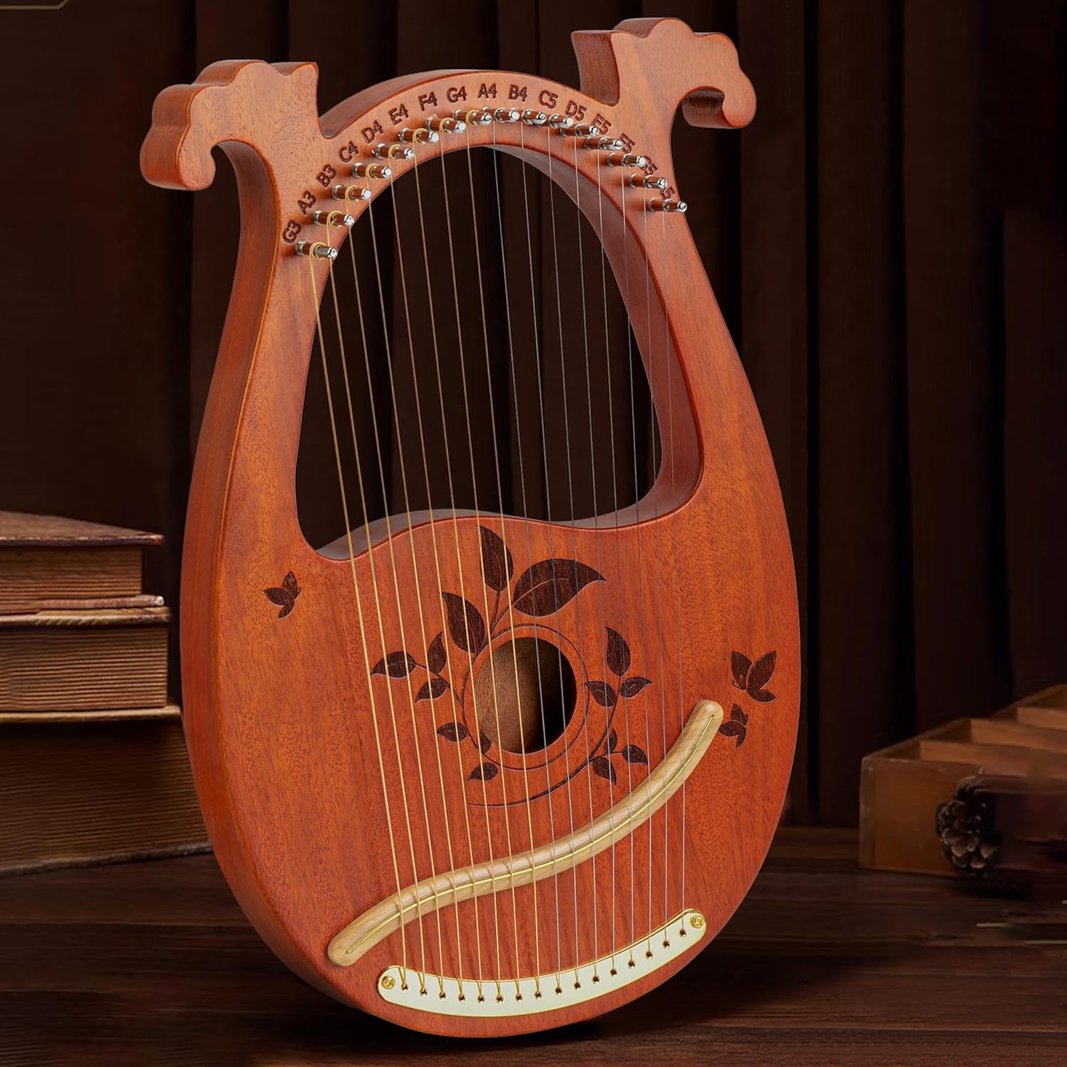 Lyre Harp Mahogany with Tuning Wrench and 16 Pcs Metal Spare String Set Manual Picks Black Gig Bag for Instrument Kids Adult Professional Beginner Music Lovers Gift