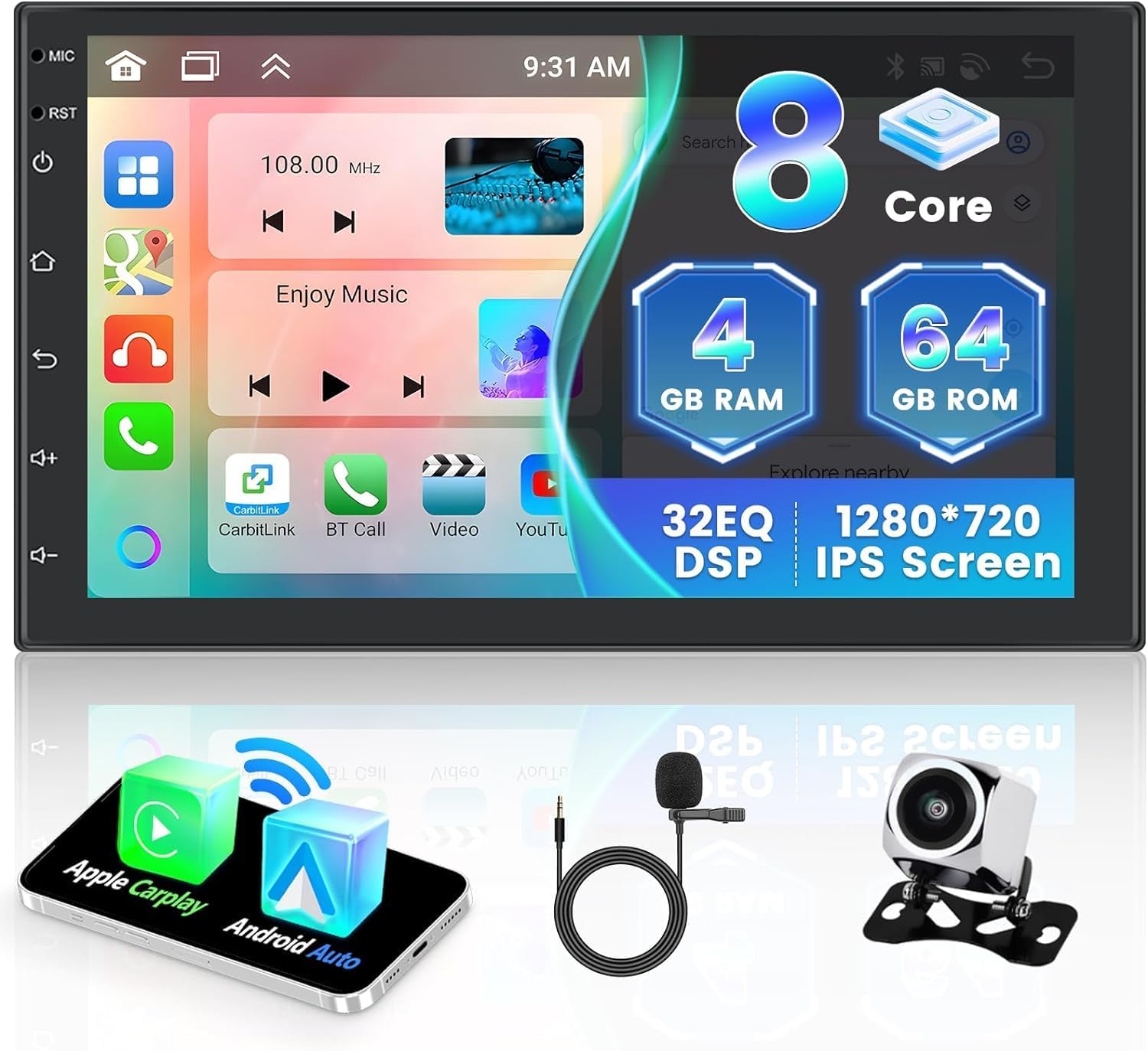 Hikity Double Din Android 13 Car Stereo with Wireless Apple Carplay Android Auto, 8 Core 4+64G 7 Inch IPS Touch Scren Radio Bluetooth, GPS, WiFi, 32EQ DSP, 59 UI Themes, Mic, AHD Backup Camera