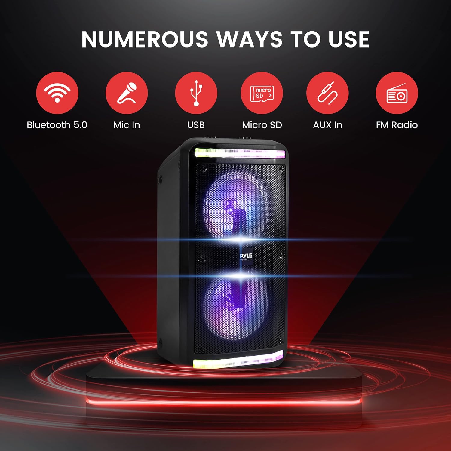 Pyle Bluetooth Speaker and PA System - Portable Stereo Karaoke System with Wired Mic, Built-in LED Party Lights, MP3/USB/Micro SD Readers, FM Radio, 8