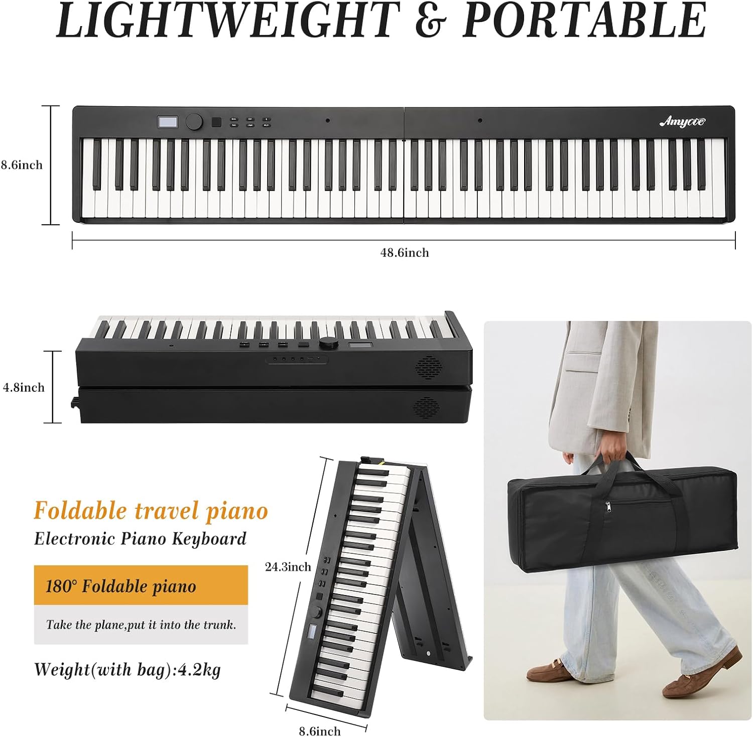88-Key Portable Foldable Electronic Piano - Touch Sensitive Keyboard, 128 Tones, MIDI Support, Comprehensive Starter Package with Headphones & Carrying Bag
