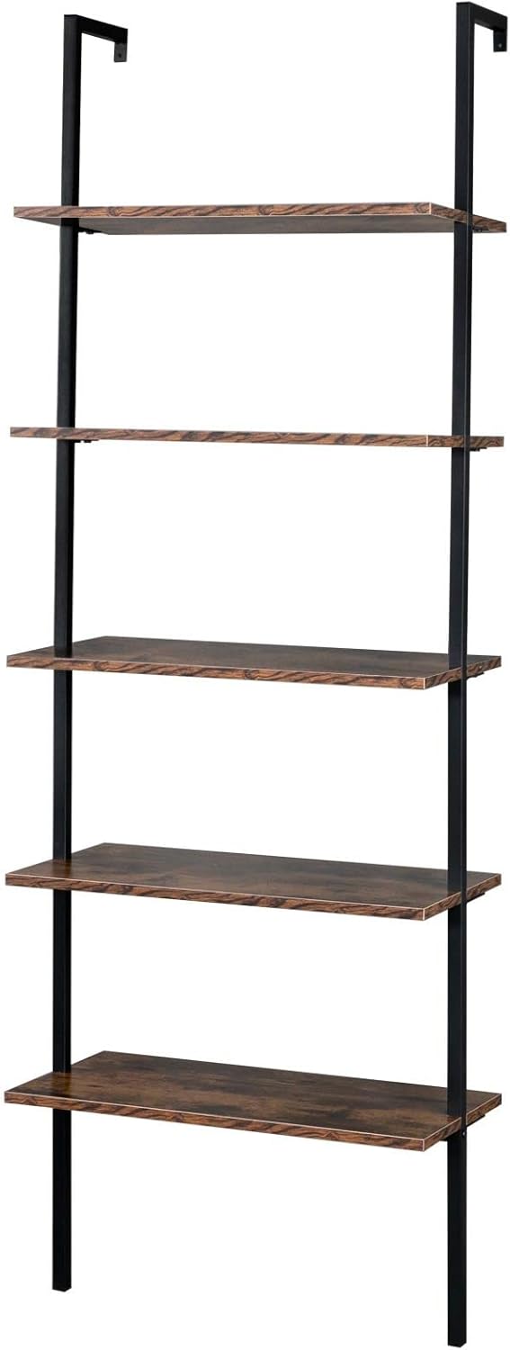 Vintage Open Ladder Wall-Mount Shelf, 5 Tier Bookcase with Metal Frame