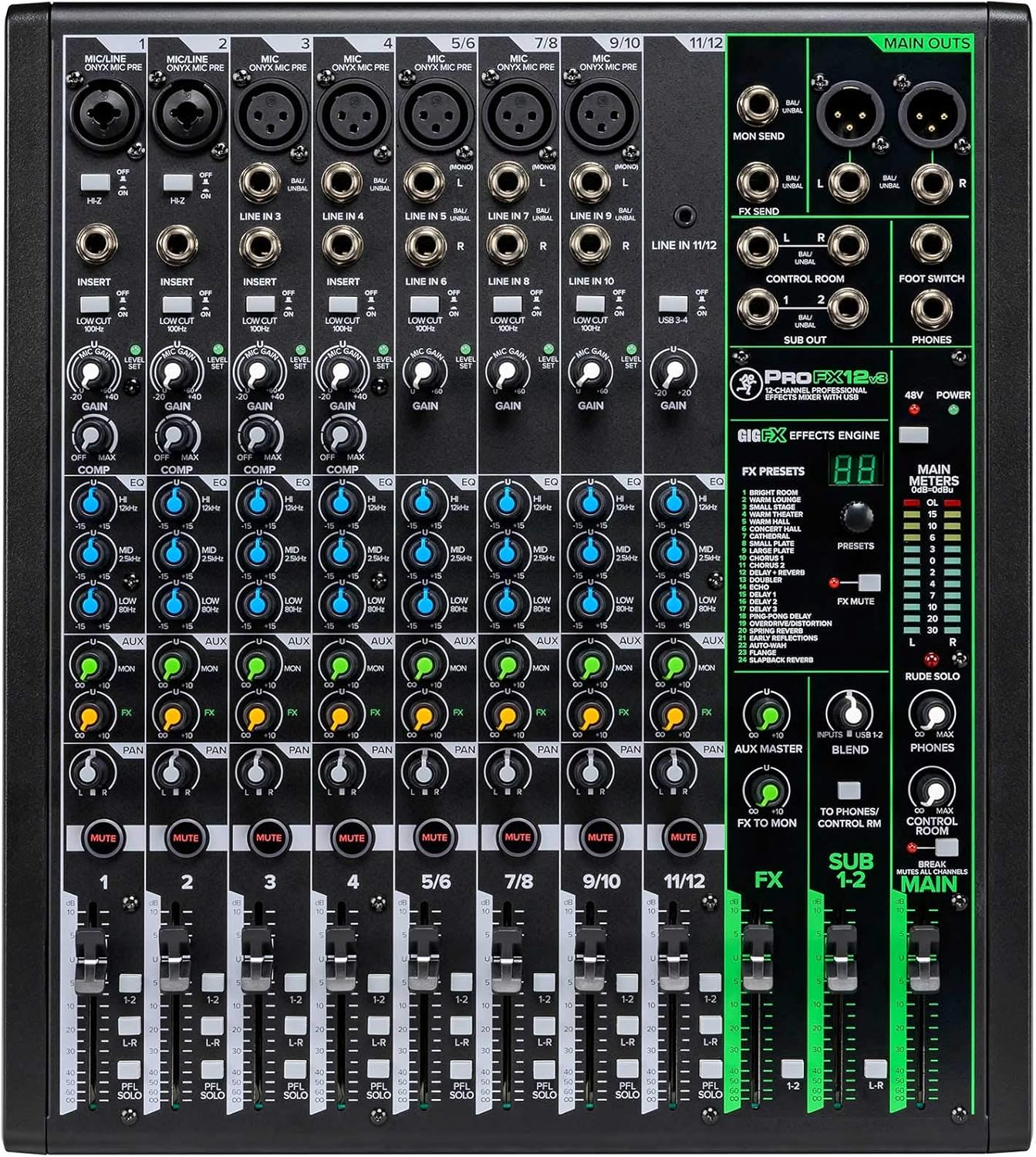 Mackie ProFX12v3 12-Channel Professional Effects Mixer w/USB ProFX12 v3 Bundle with Rockville RMC-3PK 3 Pack Metal Wired Vocal/Instrument/DJ MicrophoneswithMetal Case