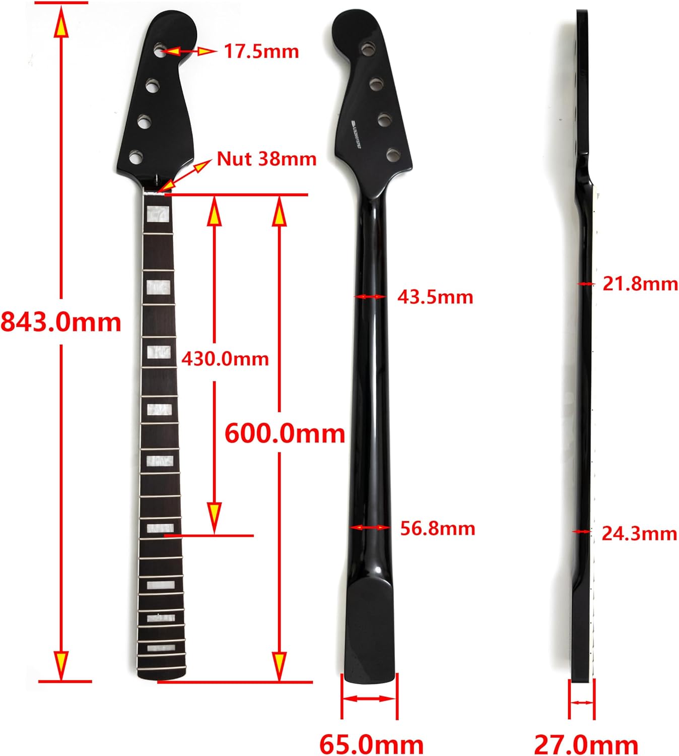 20 Frets 4-String Bass Maple Guitar Neck for Jazz Bass & Precision Bass, with Rosewood Fingerboard, Block Inlays, Black Gloss Finish, 38mm Nut