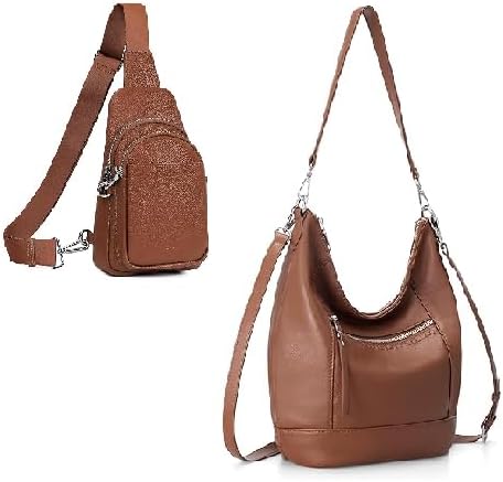 befen Genuine Leather Crossbody Hobo Purse for Women Soft Lightweight Leather Handbags with 2 Removable Straps, Ladies Anti Theft Cross Body Bag for Travel with Wide Straps Cognac Brown