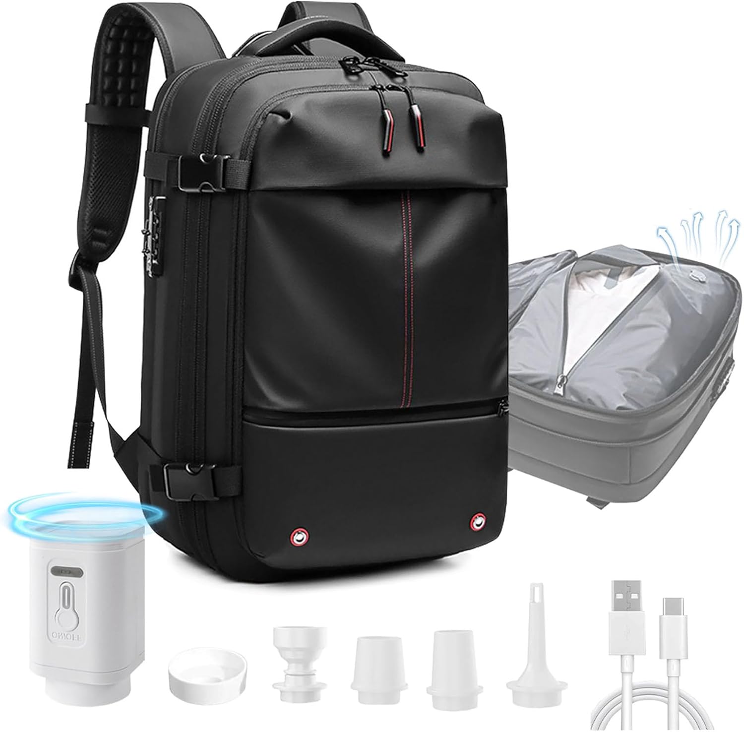 Vacuum Backpack for Travel, 60L Expandable Vacuum Compression Bag with Electric Vacuum Pump, Water Resistant and Anti Theft, Space Saver Bags for Travel Camping (Black)