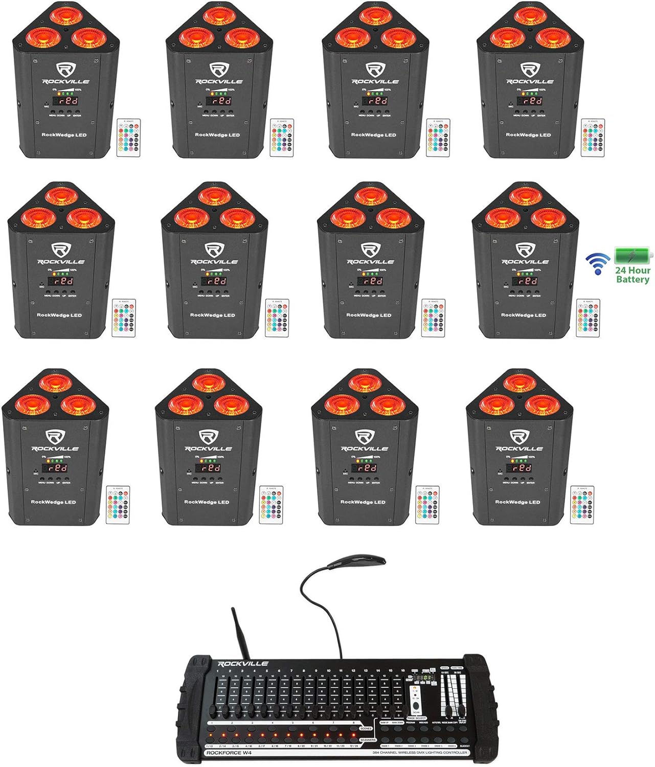 Rockville RockWedge LED Bundle: (12) 54W RGBWA+UV Battery Wireless DMX Par Lights, ROCKFORCE W4 384-Channel Wireless DMX Lighting Controller with MIDI, 13-Items