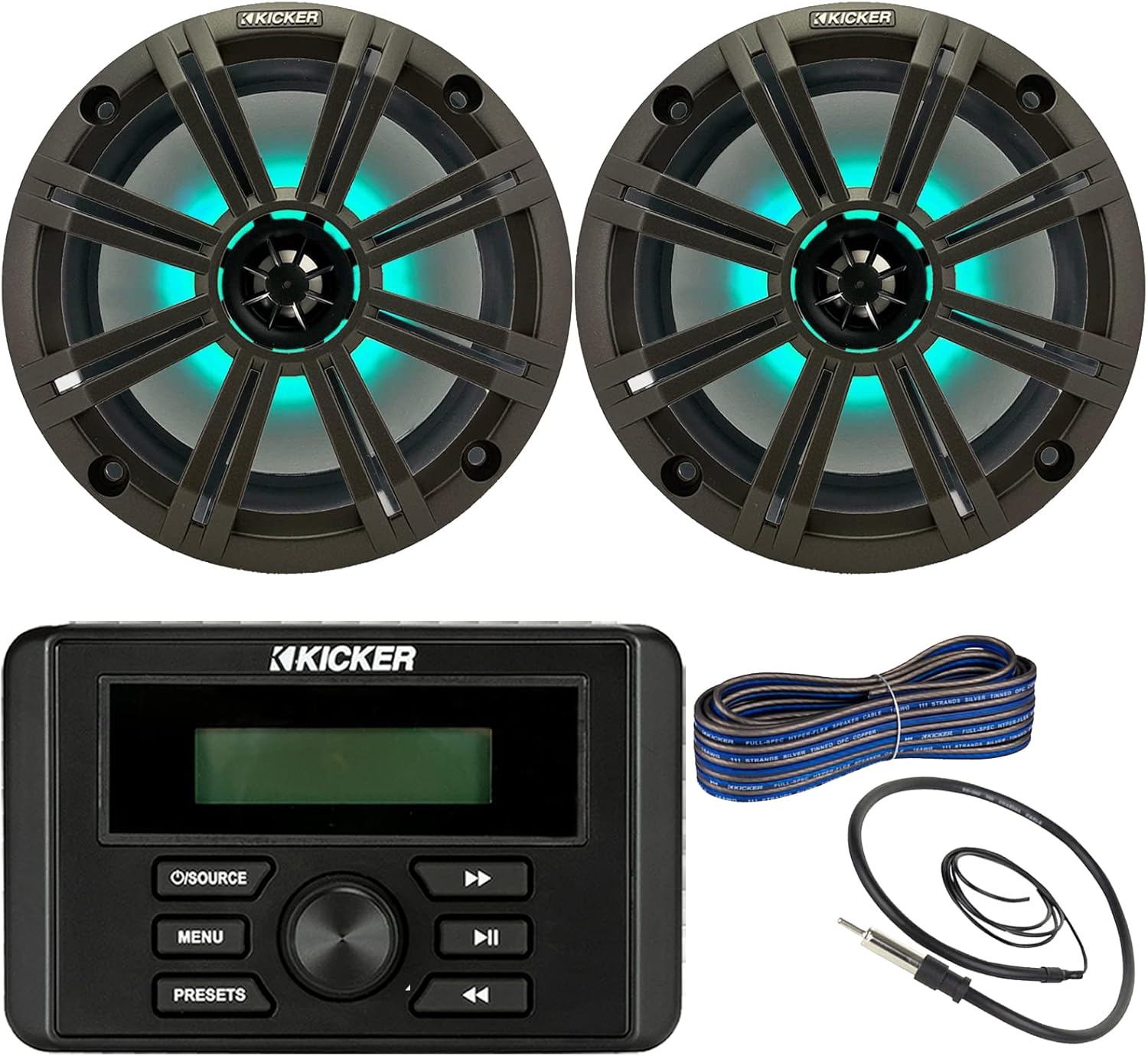 Kicker Weather-Resistant Marine Bluetooth USB RCA Stereo Receiver Bundle Combo with (QTY 2) 8