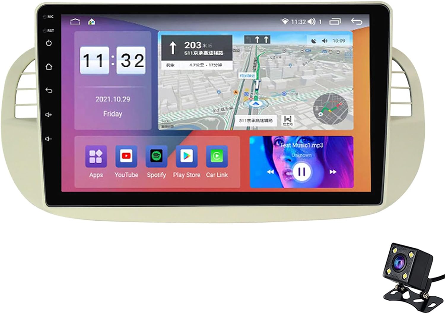 Android 12 1 DIN Car Stereo Head Unit for Fiat 500 with Wireless CarPlay and Bluetooth FM/AM Radio Backup Camera Split Screen