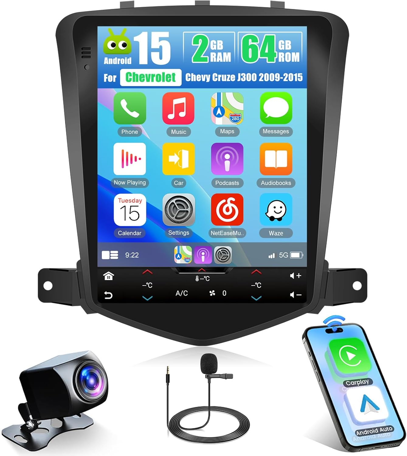 2+64G Android Car Stereo for Chevrolet Chevy Cruze 2009-2015 Wireless Apple CarPlay,9.7 inch Touch Screen Radio Android Auto WiFi Bluetooth GPS FM RDS+Free AHD Backup Cam