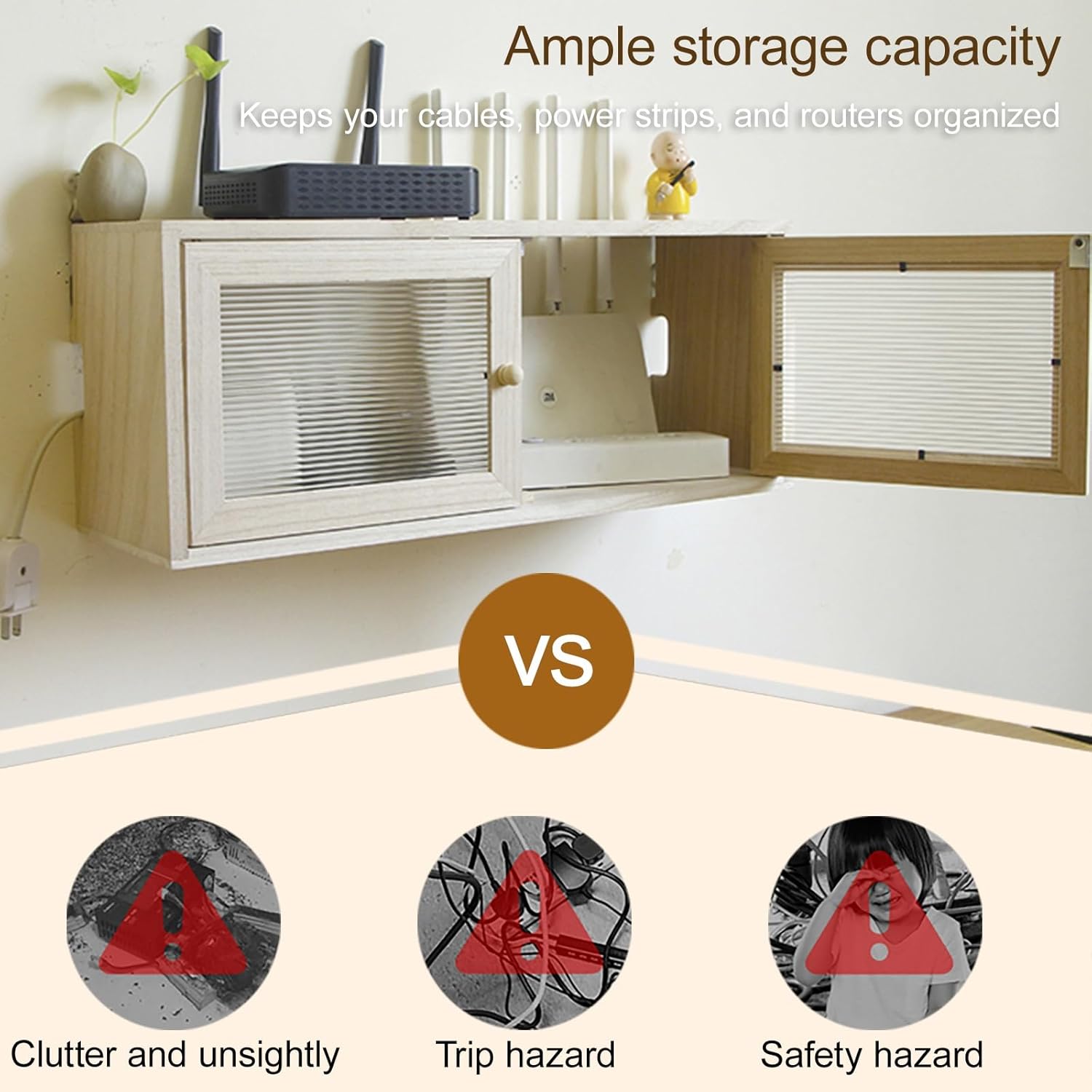 Wall Mount WiFi Router Storage Box, WiFi Router Hidden Box, Power Strip Cable Management Hider Rack by Solid Wood, Ideal for Home and Office Use(Wood,50x15x20cm/20x6x8in)