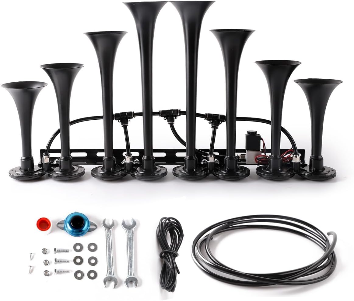 8-Trumpet Train Horn Metal Kit, 800dB super loud Air horn.Truck horns Suitable for 12V Large vehicles, such as semi-automatic driving/pickup/cars/trucks/RVs/SUVs, etc. (black wiht button)