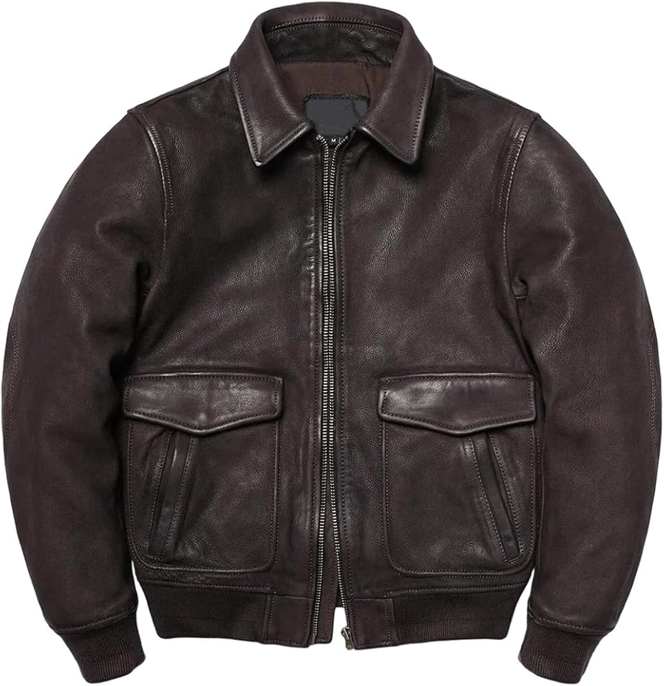 Men Force Genuine Retro Vintage Brown Thick Goatskin Flight Coat Real Sheepskin Leather Jacket
