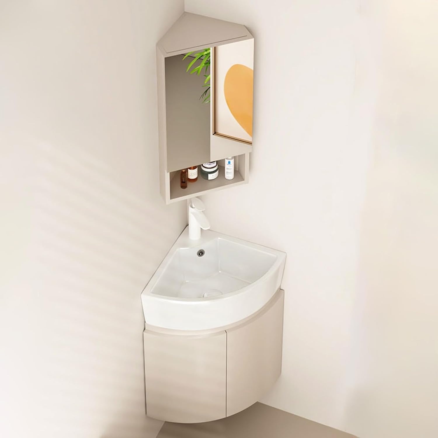 Corner Wall Mount Bathroom Sink, Corner Bathroom Vanity Sink Combo, Bathroom Corner Cabinet with Storage Container and Mirror Cabinet, Ceramic Wash Basin for Small Spaces(48cm/18.9in)