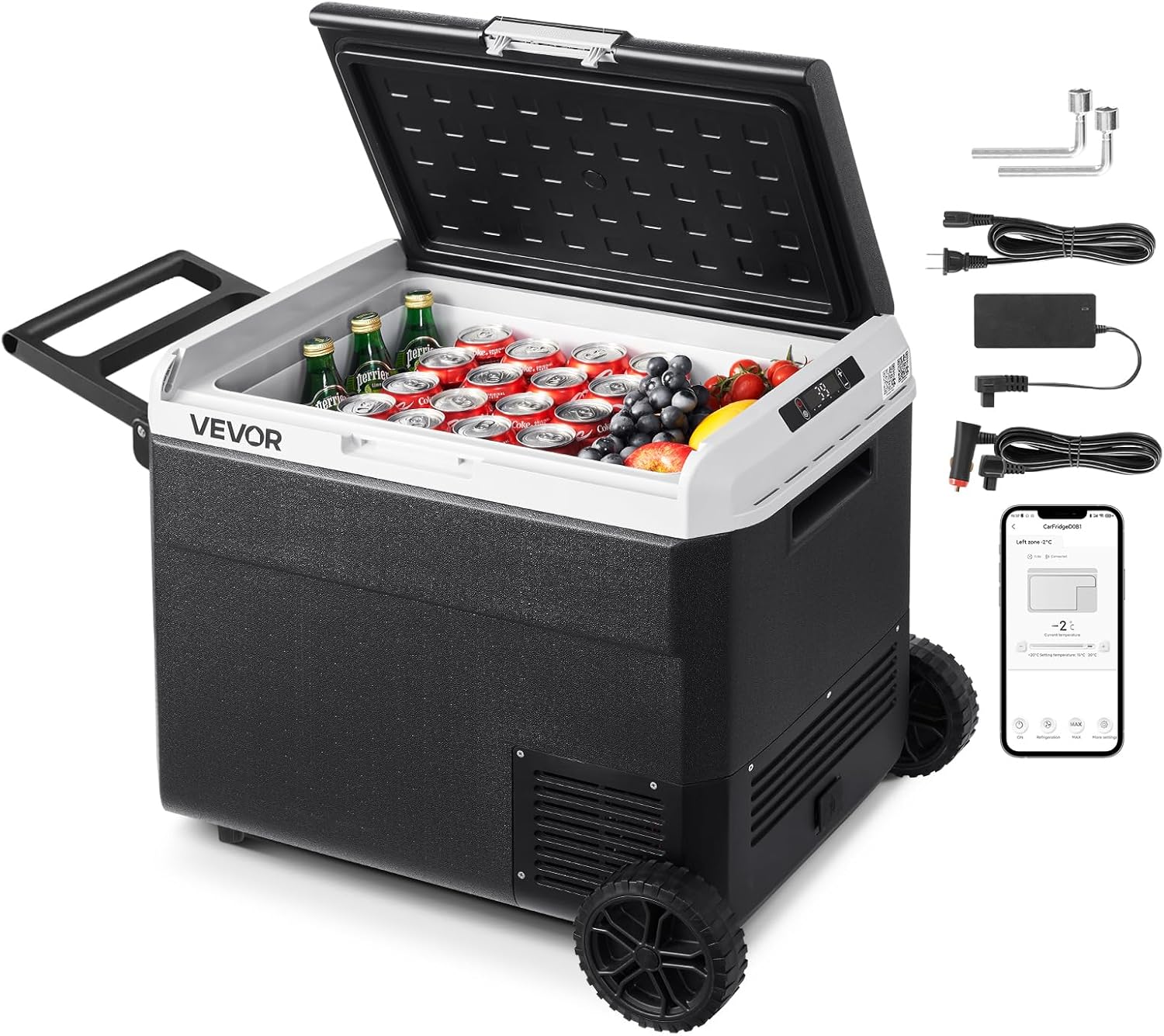 VEVOR 63.4QT/60L Car Fridge, Portable Electric Cooler with Wheels and Handle, -4℉~68℉, 12/24V DC and 100-240V AC Compressor Freezer for Outdoor, Camping, Travel, RV, Black