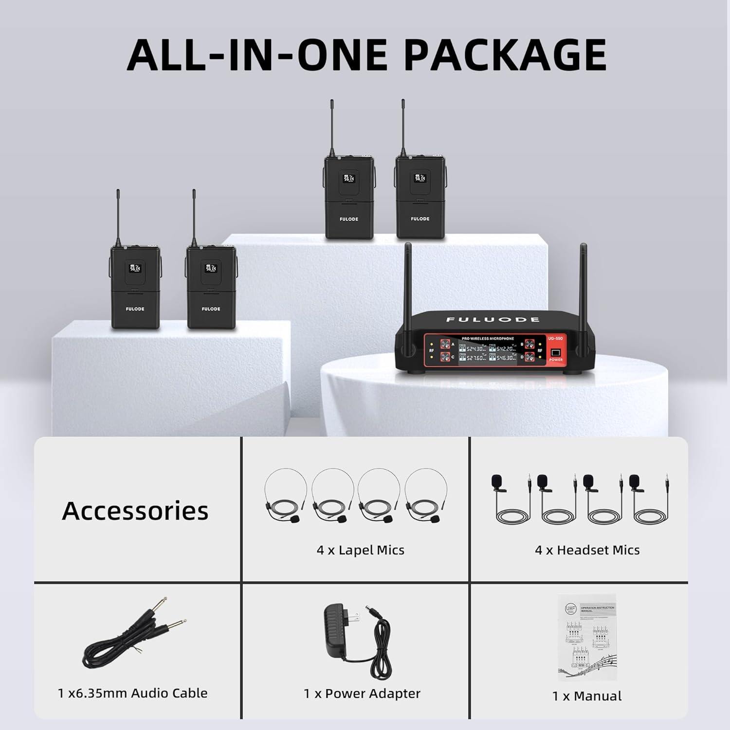 UG-550 Lapel Microphone Wireless Lavalier System, 4 Channel Professional UHF Microphone System with 4 Lavalier 4 Headset Mics for Singing Meeting Church Event TV Speaker (4 Bodypack)