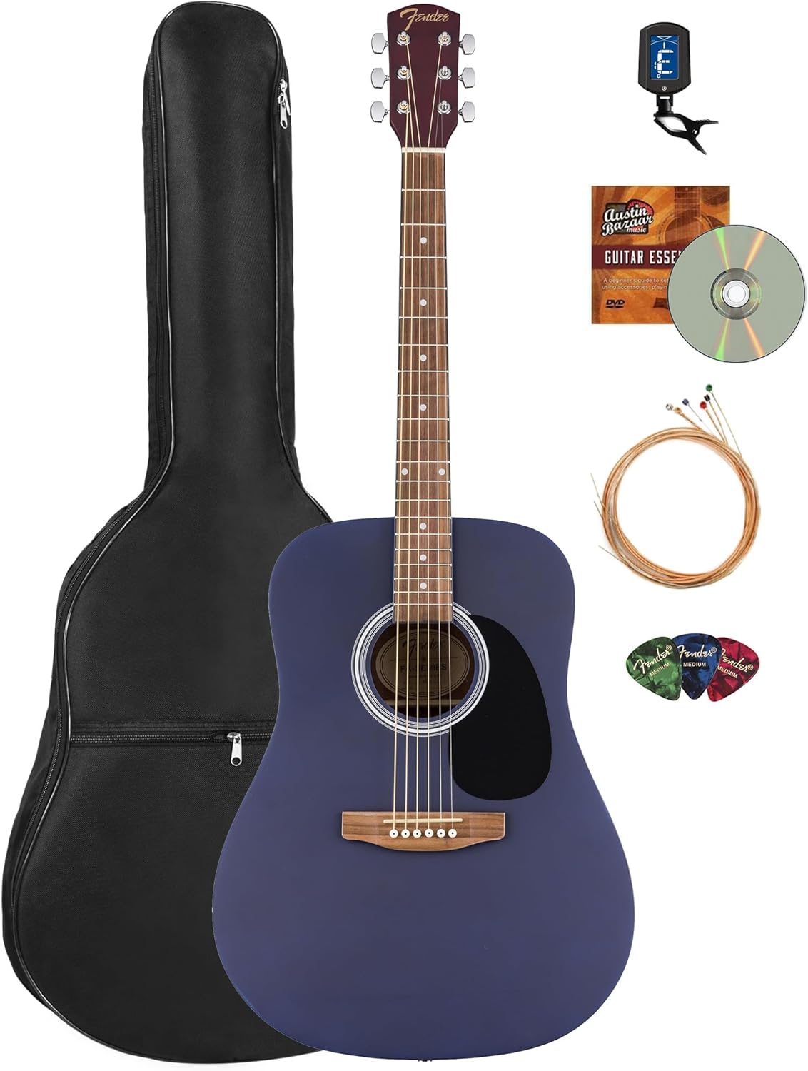 Fender FA Series Dreadnought Acoustic Guitar - Saphire Blue Bundle with Gig Bag, Tuner, Strings, Picks, and Austin Bazaar Instructional DVD