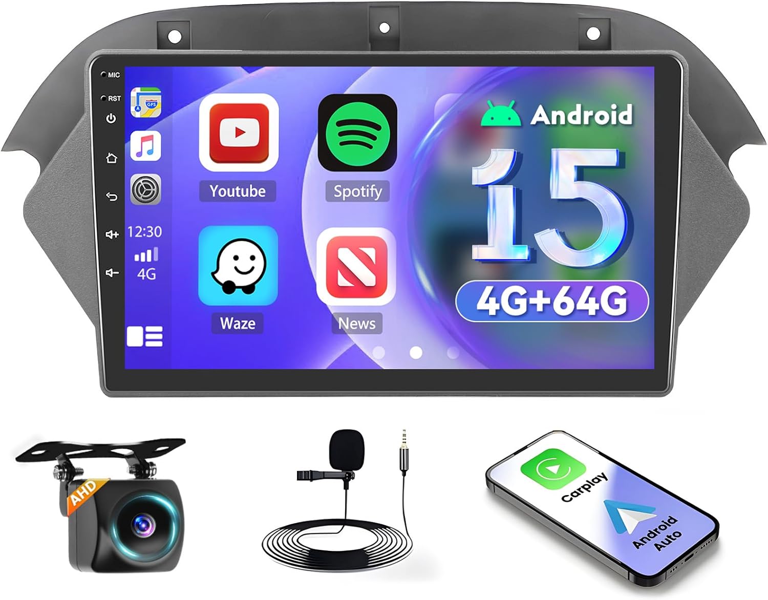 [4G+64G] Android 15 Car Stereo for Honda Acura MDX 2007-2013 with Wireless Carplay Android Auto, 9 Inch HD Touchscreen with WiFi GPS Bluetooth5.0 FM/RDS Radio 32EQ SWC Backup Camera MIC