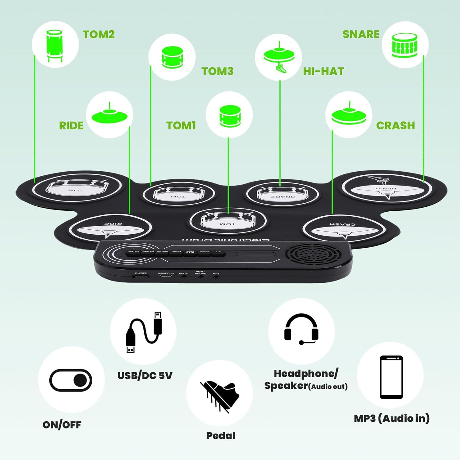 Jiawu Electric Drum Set, 7 Pads Electronic Drum Set Built in Speaker, Portable Roll Up Drums Practice Pad Machine with Pedals and Sticks, Rechargeable Instrument for Beginner & Kids
