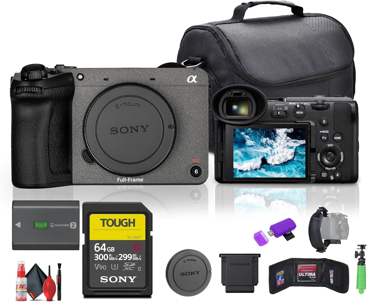 Sony FX2 Full-Frame Digital Cinema Camera with 33MP Sensor and AI Autofocus (ILME-FX2B) + 64GB Memory Card + Camera Bag + Flexible Tripod + Cleaning Kit + Hand Strap + Card Wallet + More (Renewed)