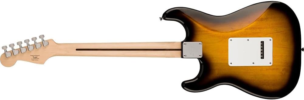 Squier Sonic Stratocaster Electric Guitar 2-Color Sunburst, Maple Fingerboard, White Pickguard Bundle with Fender Logo Guitar Strap Black, Fender 12-Pack Celluloid Picks, and Instrument Cable