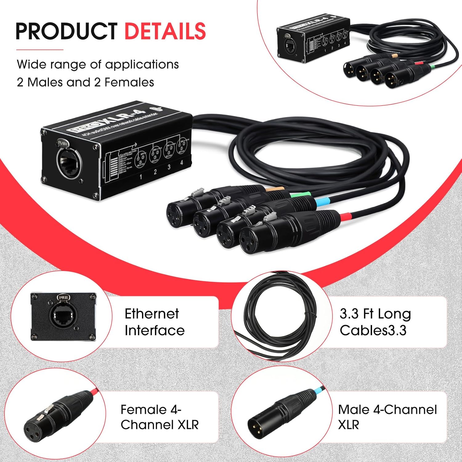 Flutesan 4 Pack 4 Channel 3 Pin Audio Snake XLR Cable XLR Over Rj45 Multi Network Snake Receiver with 3.3 ft Cable Box Extender for Stage Lighting Home Recording Studio(Black Plug)