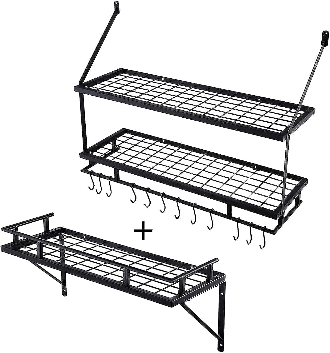 KES 24 Inch Kitchen Wall Mount Pot Pan Rack Wall Shelf and 30-Inch 2-Tier Kitchen Pot Rack with 12 Hooks Matte Black, KUR215S60-BK+KUR215S75B-BK