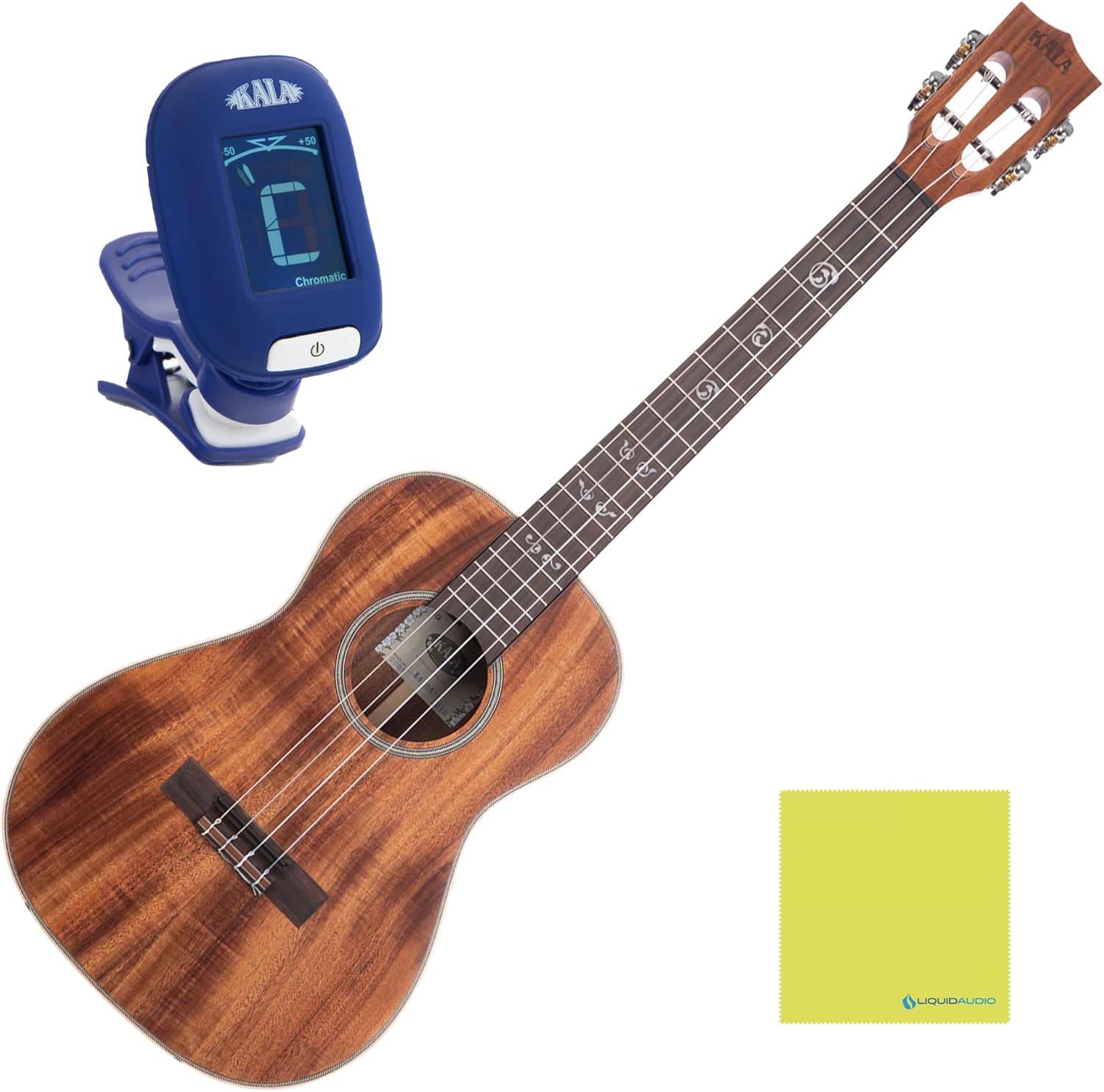 Kala KA-SA-B Solid Acacia Baritone Ukulele Satin Natural Bundle with KALA Klipz Blue Clip-On Tuner & Polishing Cloth – Rich Tone, Maple Binding, Slotted Headstock, Premium Baritone Build