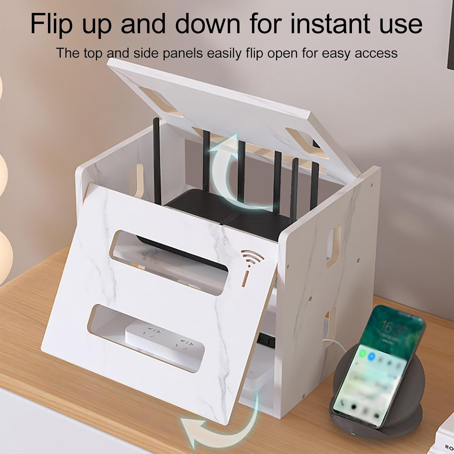 WiFi Router Hidden Box, WiFi Router Storage Cabinet, Large Space Modem Cable Organizer, Power Strip and Cable Management Hider Organizer for Home and Office(Wood Color)