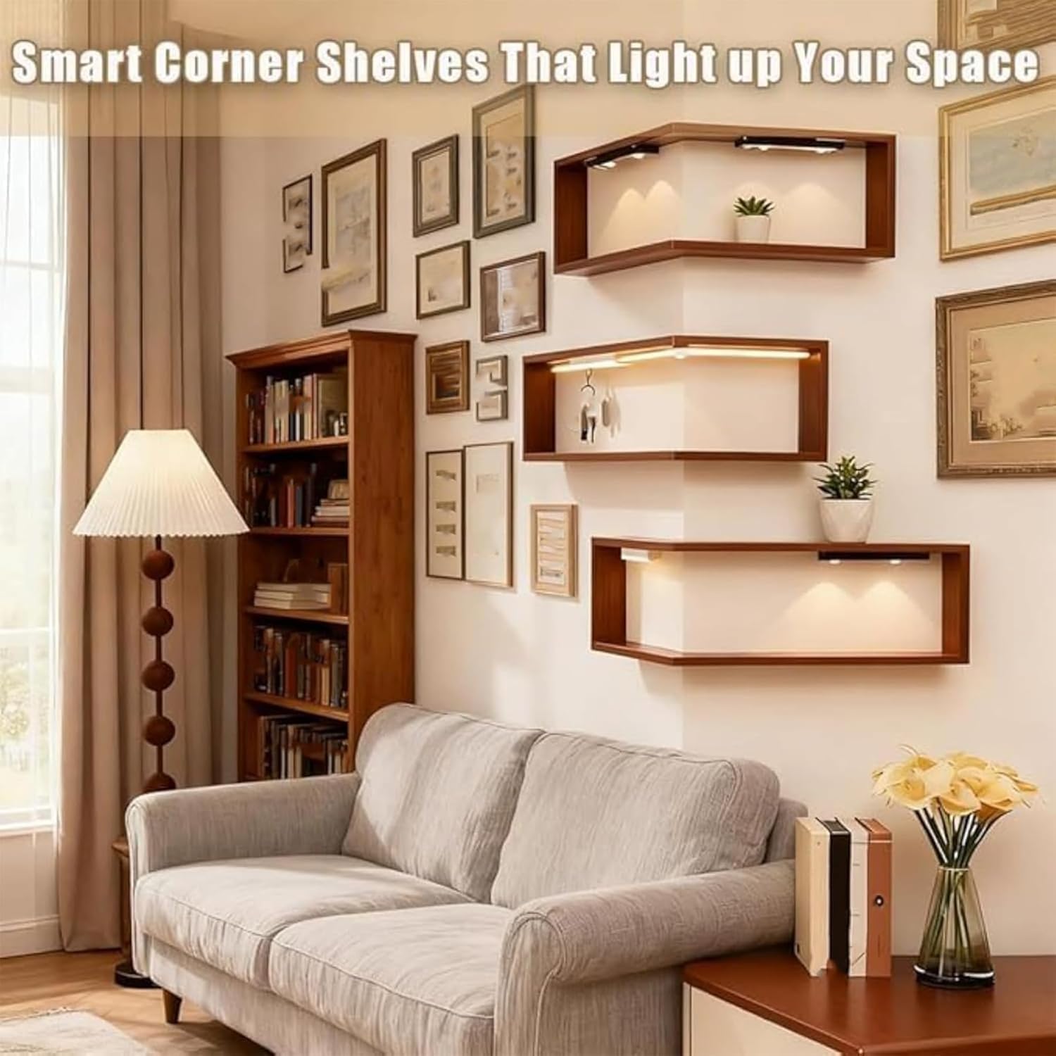 Smart Corner Shelves Light Up, Illuminated Corner Shelf with Remote, Wooden Wall-Mounted Corner Shelf Display Rack, Modern Wall-Mounted Display Rack Stand for Living Room, Study (Set-2)