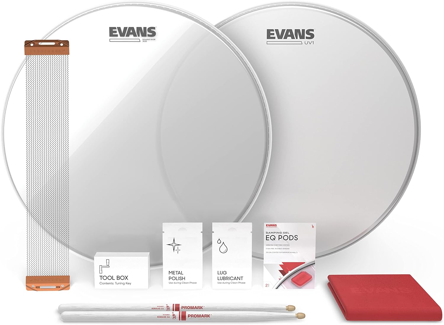 Evans UV1 Snare Drum Tune Up Kit - Contains UV Drum Head, Resonant Snare Head, ProMark 5a Drumsticks, Snare Wire, Drum Key, EQ Pods Dampener, Lug Lubricant, Metal Polish, Polishing Cloth - 13 inch