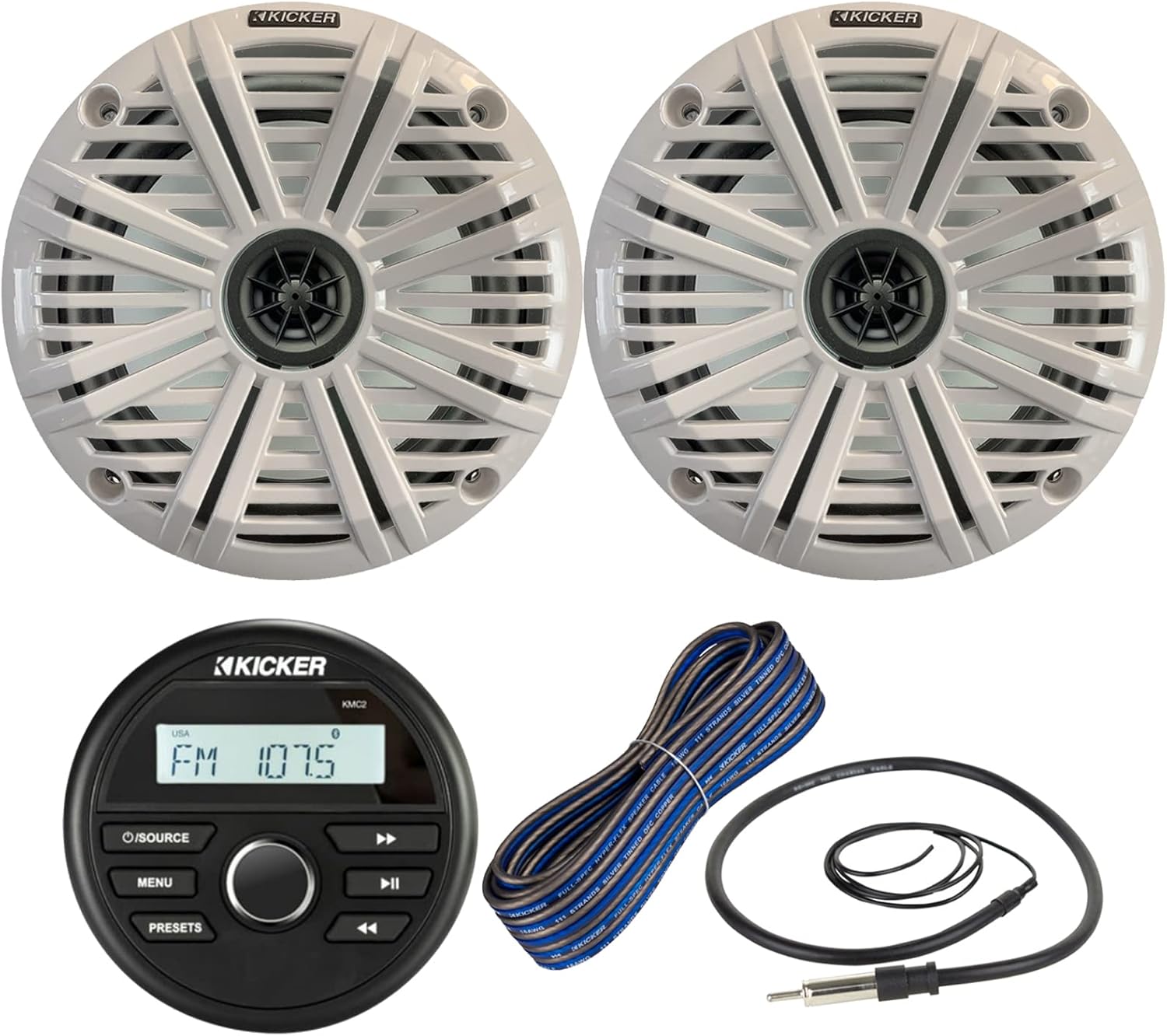 KICKER Weather-Resistant Marine Gauge Style Bluetooth USB Receiver Bundle Combo with 1 Pair (Qty 2) 6.5